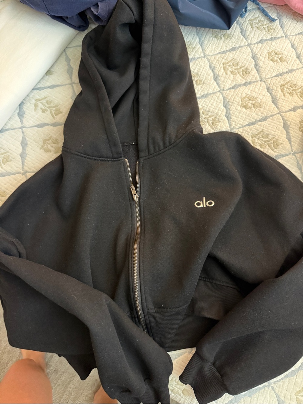 ALO Yoga Black Full-Zip Hooded Bomber Jacket